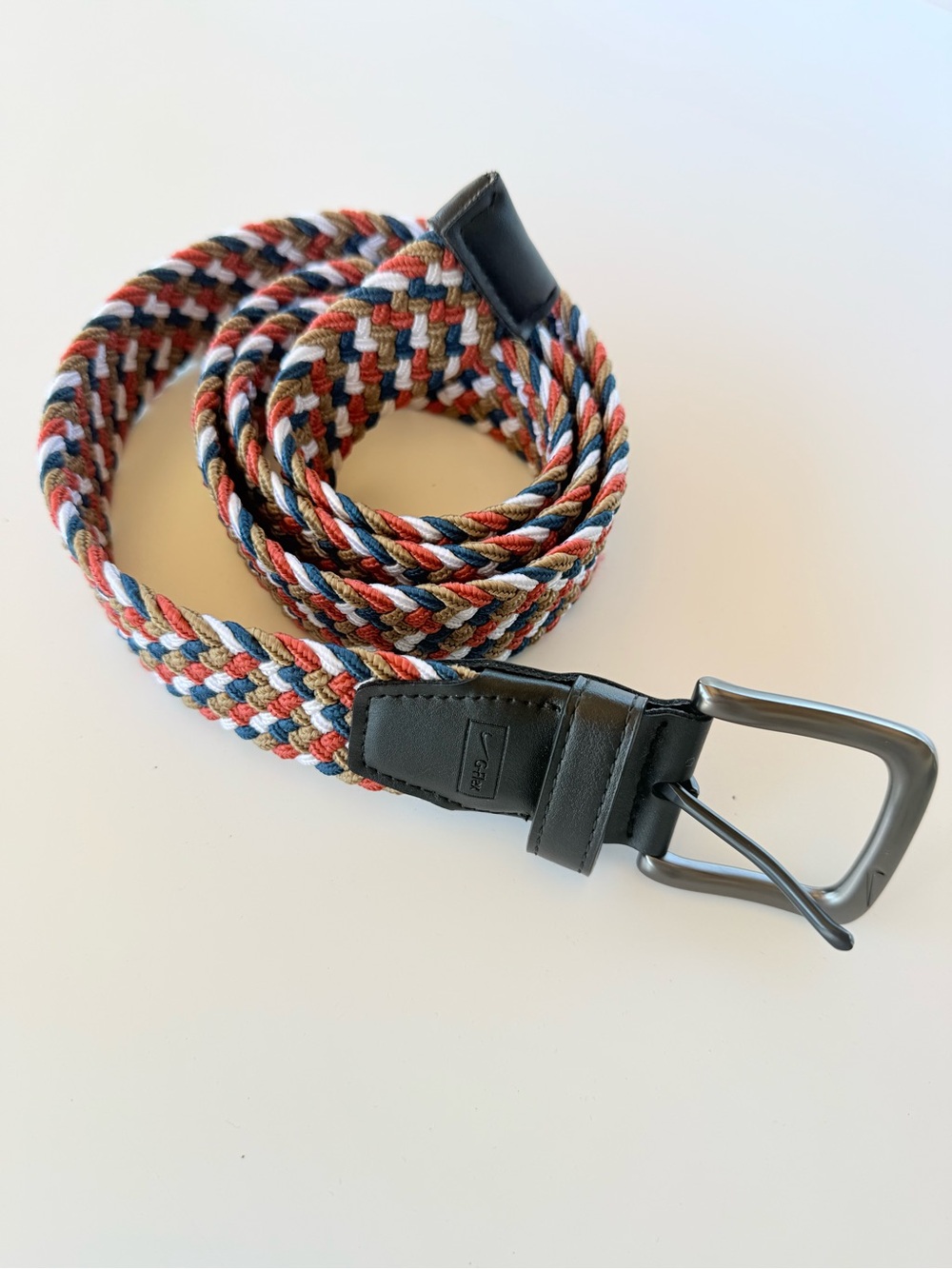 Nike G-Flex Blue Orange Tan White Woven Metal Buckle Stretch Belt